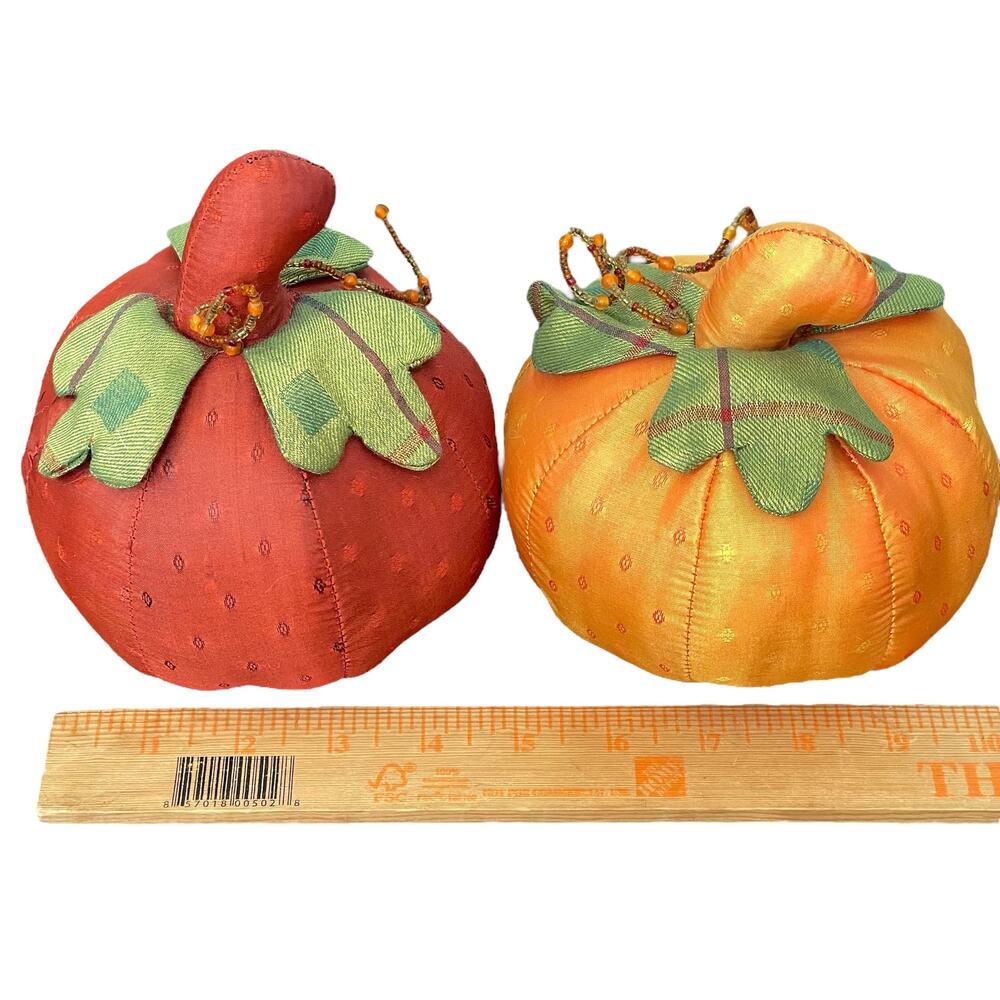 Pier 1 Fabric Pumpkin Lot of 2 Small Cloth Textile Fall Decor Gourd Autumn READ